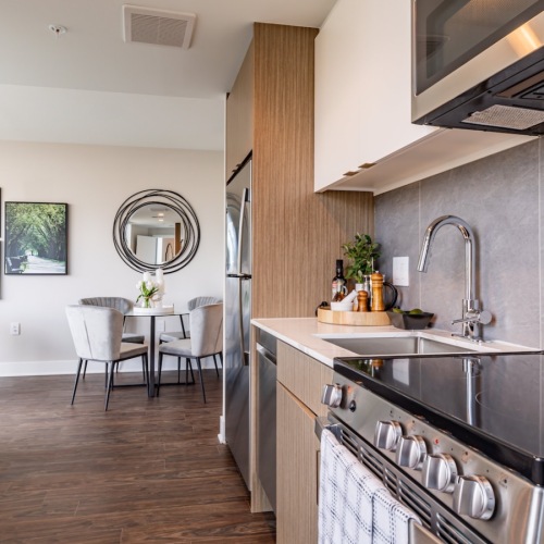 a kitchen with a microwave and stove