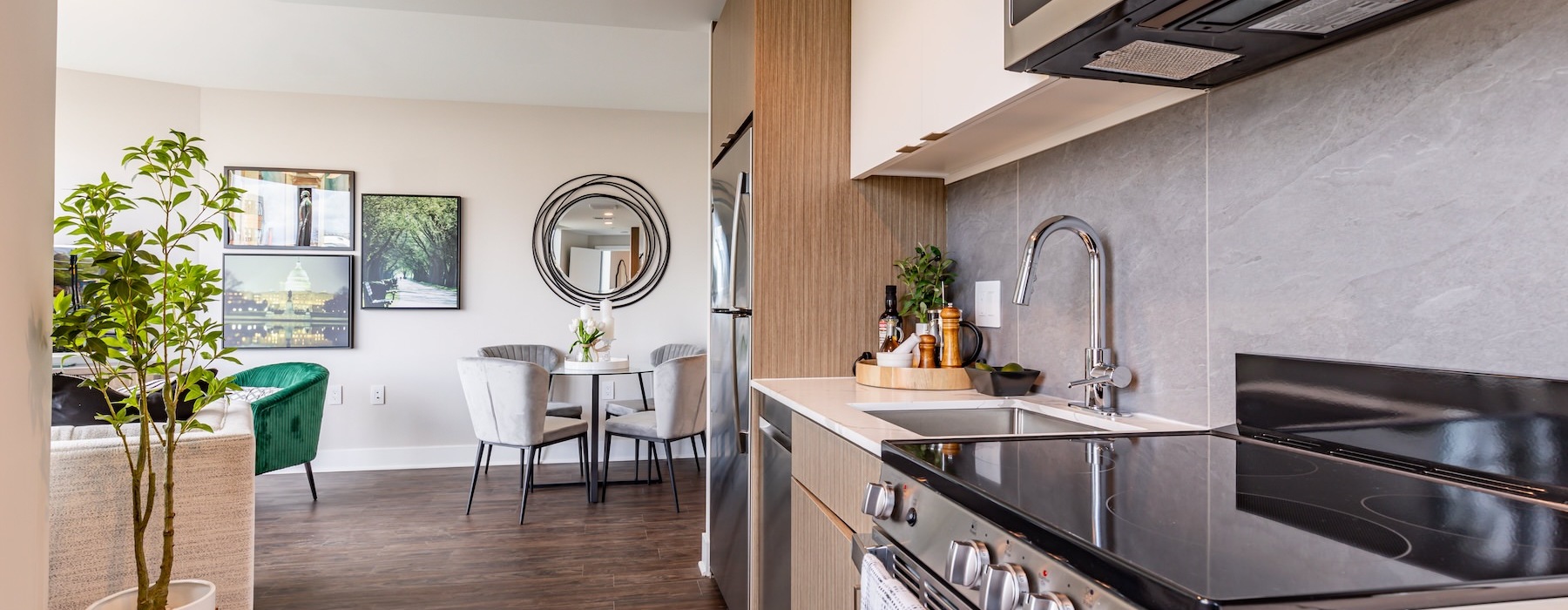 a kitchen with a microwave and stove